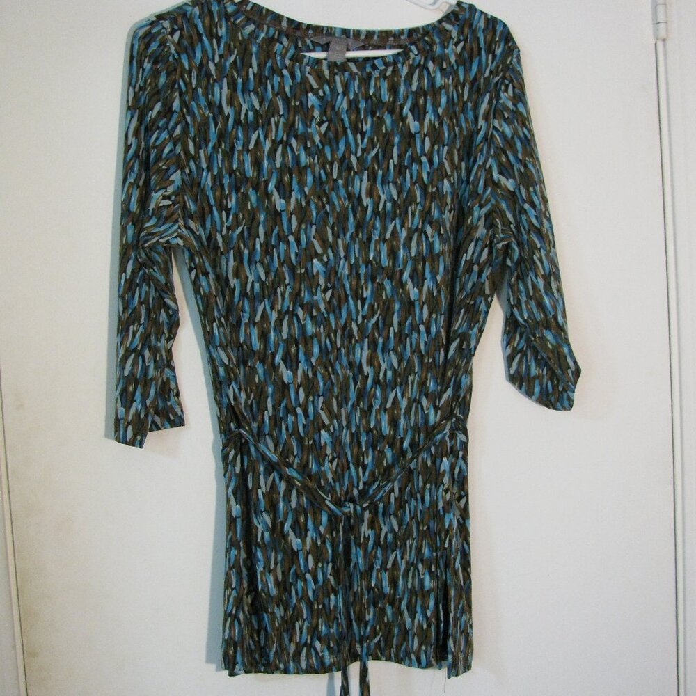 ** Investments Tunic Blouse Medium Blue Brown Abstract with Belt